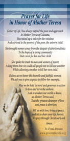 Prayer for Life in honor of Mother Teresa Prayer Card
